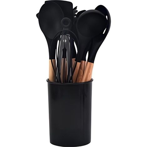 12-teiliges Küchenhelfer-Set aus Silikon mit Holzgriffen – Hitzebeständige Spatel und Löffel (schwarz) – Multifunktionale und formstabile Küchenhelfer mit Aufhängeöse