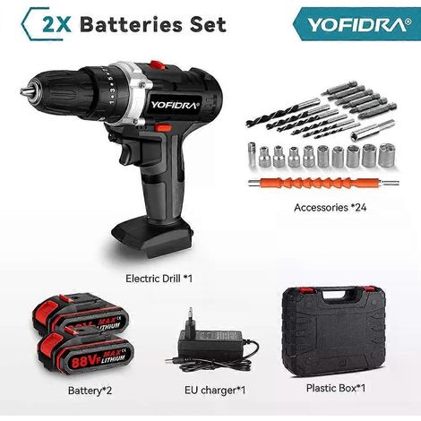 Perceuse-visseuse à percussion électrique sans fil, couple de 25+3, outil électroportatif performant pour le bricolage et la maison, avec 24 accessoires. (1/5)