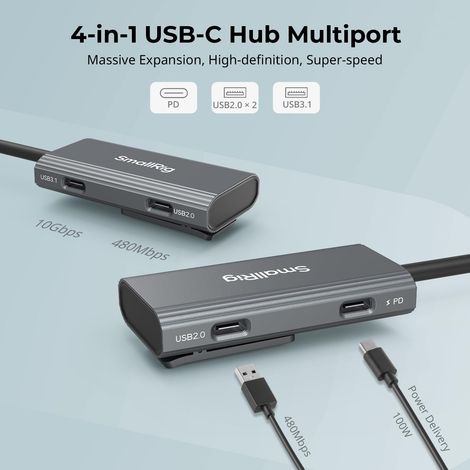 Hub USB-C 4 in 1 con attacco Cold Shoe, hub multiporta Type-C con PD da 100 W/USB-C 3.1/USB-C 2.0 con 2 adattatori audio, per riprese mobili di video ProRes 4K a 60 fps - 4598 (1/4)