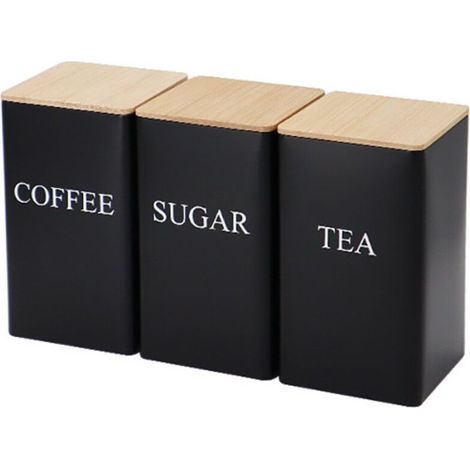 Ensemble de 3 bocaux hermétiques – Café, Thé, Sucre – Couvercle en bambou – Noir – (1/5)