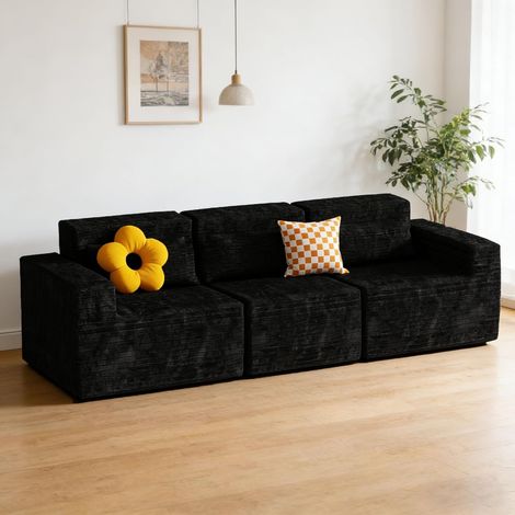 Modular Sofa 258cm Boneless Cloud Couch Couch Corner Sofa Memory Foam Corduroy Wide Armrest Deep Seat Pillow Bottom Anti-Slip Living Room Bedroom No Assembly Required Black 3 Seater