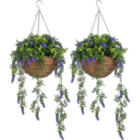 Set of 2 Decorative Artificial Plants, Faux Silk Lavender Flowers in Hanging Baskets, Fake Plants for Home Indoor Outdoor Decor, Purple (1/5)