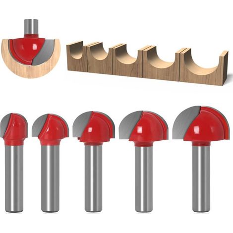 Fraise à Fond Rond Bois, 5PCS Router Bits 8mm Tige 12/16/ 19/22/25.4mm Fraise à gorges Carbure Queue Fraise à Rainurer pour Défonceuse Outil de Coupe Bit de Routeur (1/5)