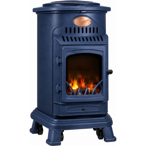 Poêle à gaz 3,4 kW fonte véritable – Chauffage d'appoint mobile sur roues – Autonomie 93h – Design effet feu de bois – Sahara