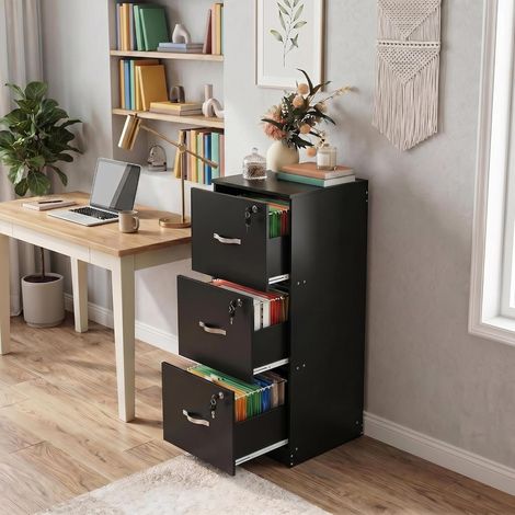 H.J WeDoo Caisson de Rangement, Meuble Bureau 3 Tiroirs, Verrouillable Armoire Meuble de Rangement Bureau 103.5 cm Hauteur pour Dossiers Suspendus, Papier Administratif, Imprimante, Format A4, Noir (1/5)