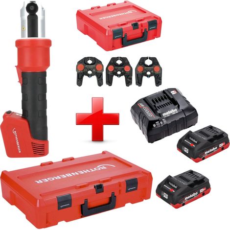 Rothenberger ROMAX NANO Akku Pressmaschine 18 V 34 kN CAS + 2x LiHD Akku 4,0 Ah + Ladegerät + 3 tlg. SV Pressbacken Set + Rocase