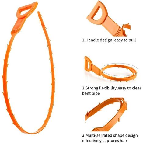 Set di 6 attrezzi idraulici BDD per rimuovere tappi di scarico, pulire lavandini, disostruire vasche da bagno, con asta raccogli-capelli (arancione) (1/4)