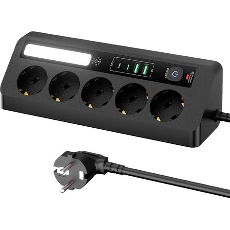 Multiprise d'angle : 5 prises avec 2 ports USB-A et 2 ports USB-C, interrupteur, rallonge de 2 mètres, idéale pour les bureaux et les angles – Noir (1/5)