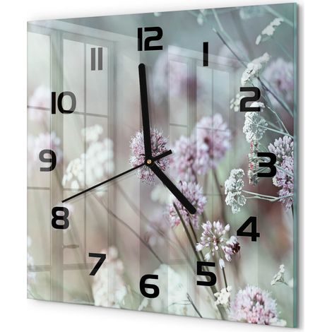 Horloge Murale Carrée Décoration Cuisine en Verre Trempé Silencieuse Moderne Fleurs sauvages 30x30 cm (1/5)