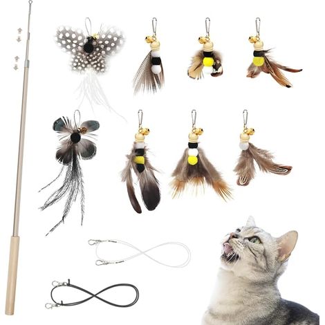 Feather Toy for Cats - Retractable Fishing Rod Toy, Wand Sticks with Feathers Replacement with Bells, Interactive Toy for Indoor Cats and Kittens (1/5)