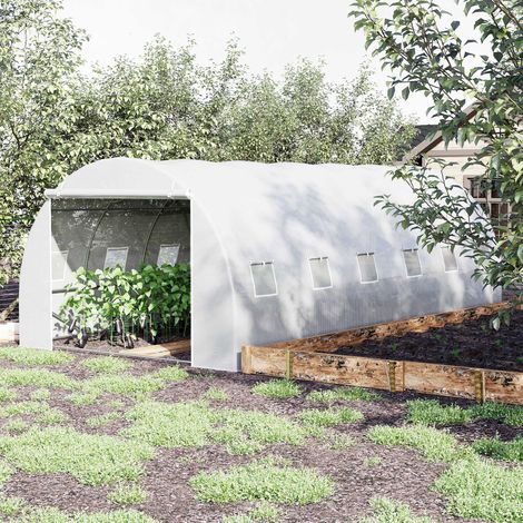 Serra a tunnel Outsunny 6x3x2 m, serra da giardino con porta avvolgibile, 12 finestre, copertura in PE da 140 g/m² e struttura in metallo zincato per la coltivazione di piante e ortaggi, colore bianco