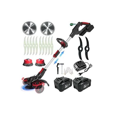 Cordless Electric Brushcutter, Cordless Edge Trimmer with 2 x 4.0Ah Battery and 4 Types of Blades, 21 V Brushless Battery Brushcutter with Weed Brush, Wheels, Black (1/4)
