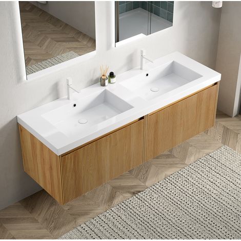 Mueble de baño suspendido 140 cm con doble lavabo de resina blanco y 2 cajones (1/5)