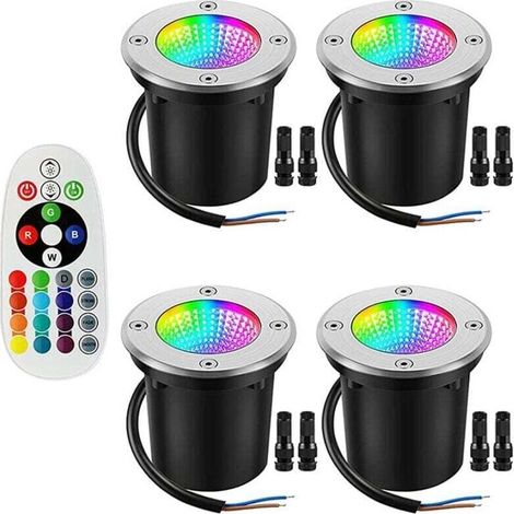 Lumière souterraine RVB, lumière souterraine extérieure 12-24 V avec connecteur de fil 6 W changement de couleur IP67 étanche LED basse tension paysage lumière, paquet de 4