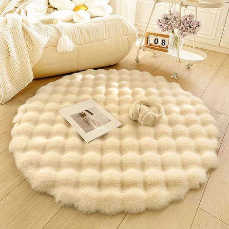 Tapis rond moelleux, protection pour chambre, lavable en machine, 90 cm, tapis doux pour canapé, beige. (1/5)
