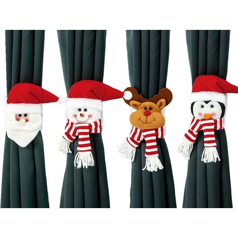 Lot de 4 attaches de rideaux de Noël : Père Noël, bonhomme de neige, renne, pingouin, poupées de dessin animé. Idéal pour décorer vos fenêtres pendant les fêtes. Cadeau parfait pour les fêtes de fin d