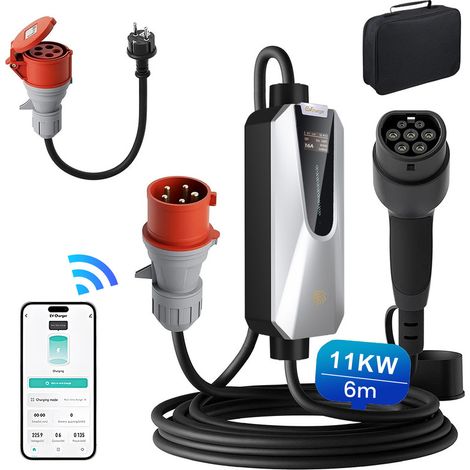 Câble de recharge pour véhicule électrique triphasé APP 6-16 A 3,5/11 kW portable 6 m pour Tesla, BMW et Mercedes-Benz JUNSUN