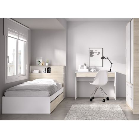 DEKIT GRUPO RIMOBEL TEN PACK - CONJUNTO DE CAMA CON CABEZAL Y DOS CAJONES, MESA ESCRITORIO Y ARMARIO DE 2 PUERTAS CORREDERAS Y 4 CAJONES - BLANCO / NATURAL (1/5)