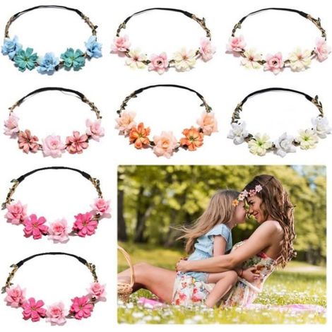 Bandeau Fleurs - Couronne Fleurs - Pour Mariage Festival Plage Photo - Diamètre 18 cm Périmètre 52-58 cm - 8 Pièces (1/4)