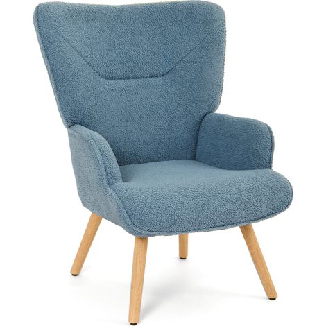 GOEURVANT - Ergonomic Armchair with Wooden Legs - Blue - Teddy Fabric - High Wingback Design & Thickly Padded Seat