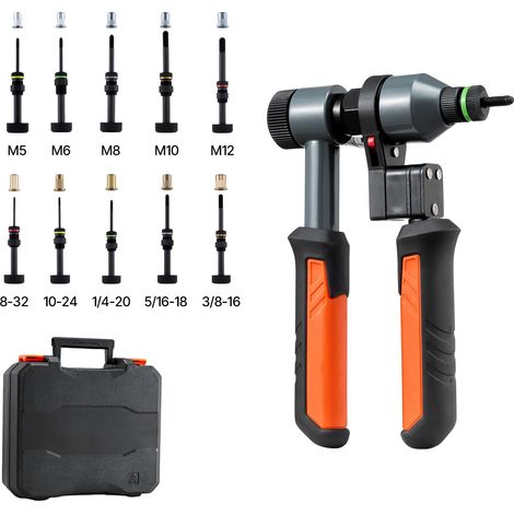 Kit de pose d'écrous rivetés, outil à cliquet 210 mm, avec 10 mandrins et 100 écrous, tailles métriques et SAE (M5-M12, 8-32 à 3/8-16 UNC), coffret robuste inclus. (1/5)