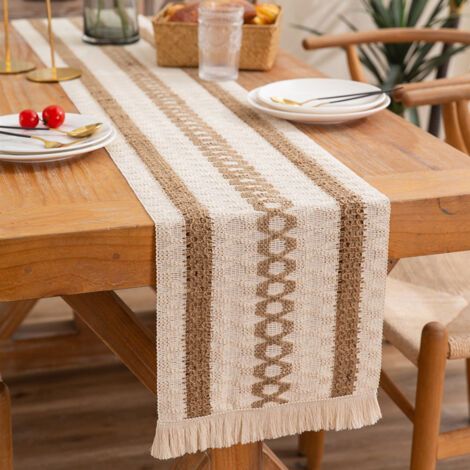 Chemin de table en lin - Chemin de table tissé à franges vintage lavable - 30 x 275 cm (1/5)