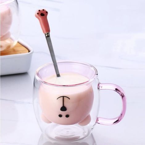2pcs Tasse de Café Double Paroi, Coupe en Verre Sapin Noël en Verre Petit ours Motif Le Lait Coupe Cadeau (Jaune+Rose Bear) (1/4)