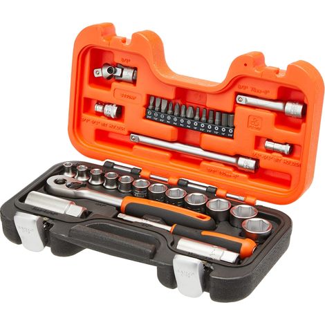 BAHCO S330AF, Set di chiavi a bussola da 1/4" e 3/8" con attacco quadro, profilo esagonale in pollici con cricchetto, 34 pezzi (1/3)
