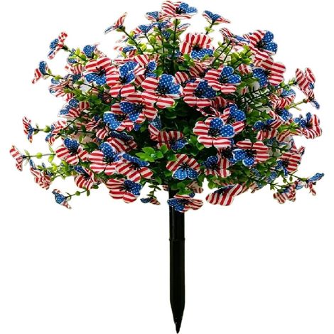 Lot de 2 fleurs artificielles avec piquets, plantes d'extérieur réalistes, décoration pour jardin, terrasse et porche. Drapeau américain - 45 cm (1/2)