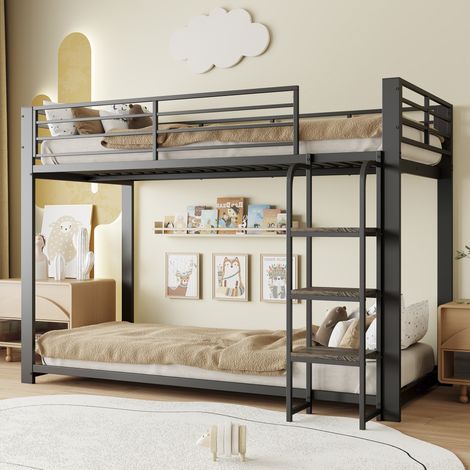 Etagenbett 204x115x145 cm Schwarz aus MDF und Metall mit breiten Stufen und Rundum-Rausfallschutz (1/5)