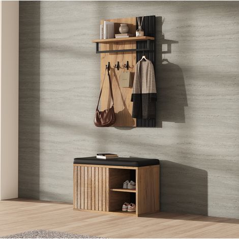 Mueble zapatero con banco, 2 puertas, 3 ganchos, negro y natural, 70 x 36 x 146 cm OKMYHOME (1/5)