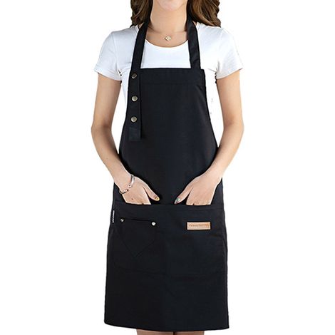 Tablier de cuisine à bavette ajustable en toile résistante à l'eau et à l'huile, avec poches, pour serveurs et serveuses, noir (1/5)