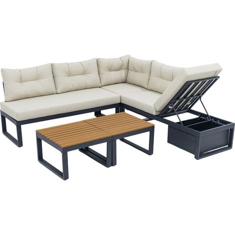 Salon de jardin modulaire beige avec dossier 3 positions, couchage d'appoint, coffre de rangement et coussins épais, structure métal peint, CHICFURN (1/5)