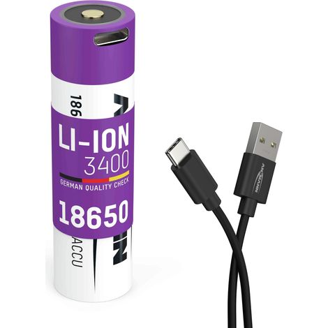 ANSMANN Li-Ion Akku 18650 3400 mAh mit Micro-USB Ladebuchse wiederaufladbarer Akku Batterie
