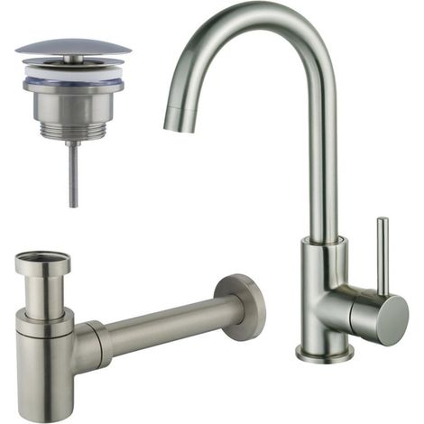 Fortifura Calvi Kit robinet lavabo - robinet haut - bec rotatif - bonde non-obturable - siphon design bas - Inox brossé PVD