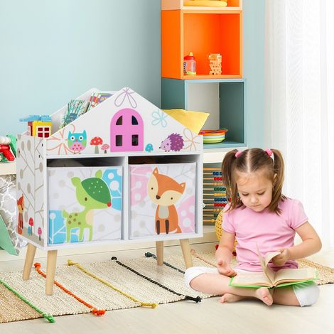 Bibliothèque Maison Enfant, Meuble Bois avec 2 Bacs de Rangement Blanc CW88132 (1/3)