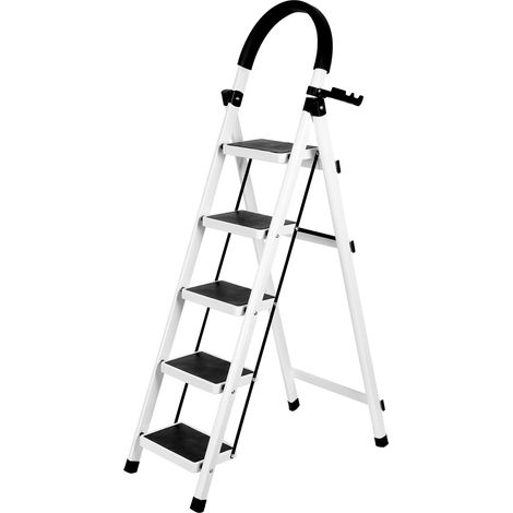 Escabeau marche pied 5 marches Antidérapant en Acier 39 x 87 x 152 cm blanc et noir (1/5)