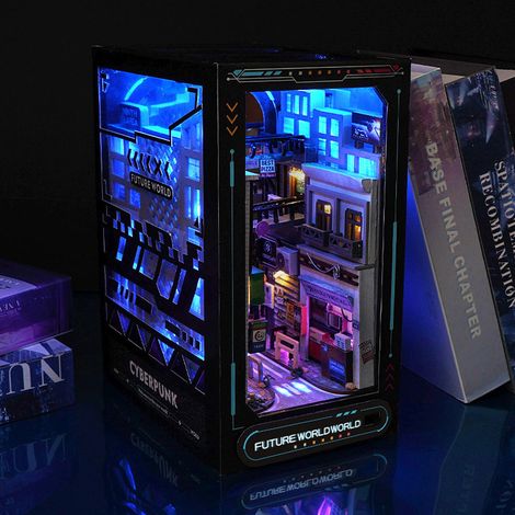 Décoration artisanale de cabane de jardin style cyberpunk, modèle de présentoir à livres 3D fait main. (1/5)