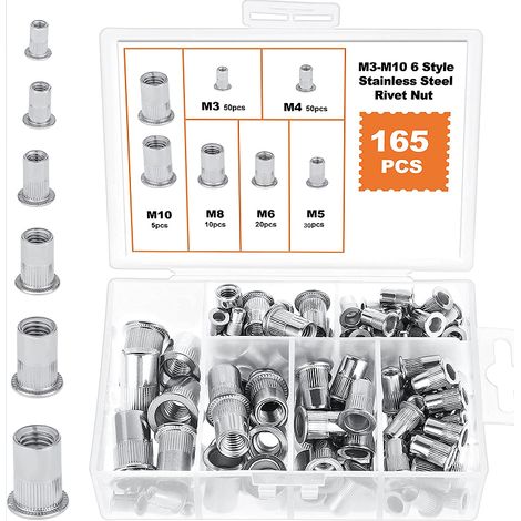 165 PCS En Acier Inoxydable Rivet Écrou Outil Plat Tête Filetée Rivet Nutsert Cap Assortiment kit M3 M4 M5 M6 M8 M10 Types Nuts (6 Types 165PCS Stainless Steel Rivet Nut)
