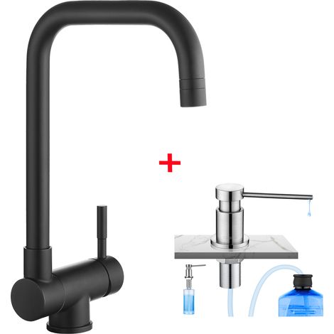 Cecipa Grifo de Cocina Plegable, Mezclador de Fregadero Plegable como Bajo Ventana, Negro + Dispensador de Jabón de Cocina con Contenedor de 300 ML Cepillado (1/5)