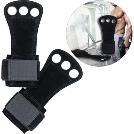 Gant de musculation cuir 3 trous, protège-paumes avec sangle poignet, traction fitness noir taille M (1/5)