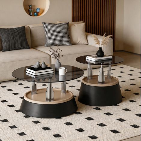 Juego de mesas de centro redondas, diseño nido, vidrio templado, metal, negro (1/5)