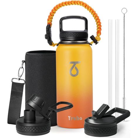 Isolierte Edelstahl Trinkflasche 946ml mit Paracord-Griff & 3 Deckeln