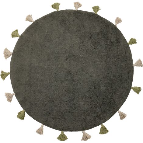 Kids Rug Dark Green Cotton 120 cm Machine-Washable with Colourful Tassels Round Kids Room KODINHI (1/5)
