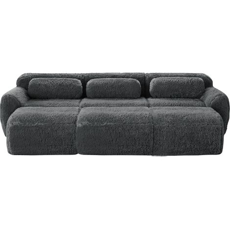 Sofá Modular 3 Plazas en Tela Aterciopelada con 3 Taburetes, Base Antideslizante, Asiento Amplio, Gris (1/5)