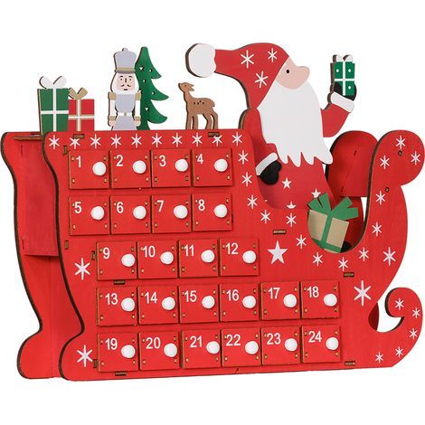 Calendrier de l'Avent Père Noël avec traîneau, 24 cases, réutilisable, 22,5 x 8 x 36 cm, rouge (1/5)
