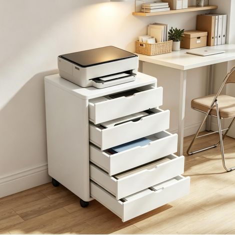 Cassettiera da ufficio mobile 50x40x67,5 cm in MDF bianco, 5 cassetti FloraGrace (1/5)