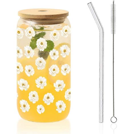 Tasses verre isothermes avec couvercles pailles motif fleurs bleues papillon 33cl fleurs blanches pour café glacé cadeau Saint-Valentin/anniversaire (1/5)