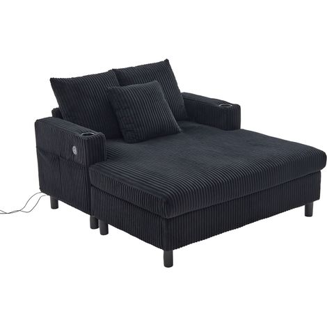 Chaise longue rembourrée en velours côtelé noir avec porte-gobelet, USB et LED (1/5)