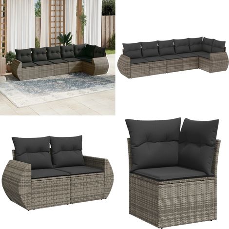 6-tlg. Garten-Sofagarnitur mit Kissen Grau Poly Rattan - Gartenmöbel - Outdoor-Möbel - Rattanmöbel - Lounge Set - Esszimmergarnitur - Home & Living (1/5)